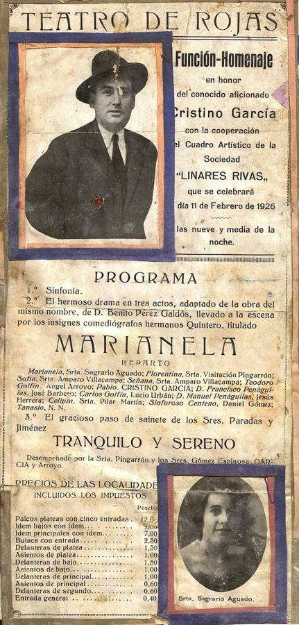 Recuerdo del homenaje que la Sociedad Linares Rivas tributó a Cristino García en el Teatro de Rojas, el 11 de febrero de 1926. Archivo Municipal de Toledo.. 