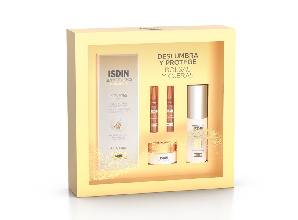 Pack Deslumbra y Protege de Isdin (49,90 €). Este pack contiene K-Ox Eyes 15 ml, un contorno de ojos para combatir bolsas y ojeras y la edición limitada con 25ml de Age Repair, el fotoprotector solar con SPF50 y triple acción anti-envejecimiento. Además, cuenta con dos formatos pequeños de regalo: 2 ampollas Flavo-C Ultraglican con Vitamina C y A.G.E. Reverse Day 7ml una crema antiedad con acción antipolución, remodelante y antiglicación.