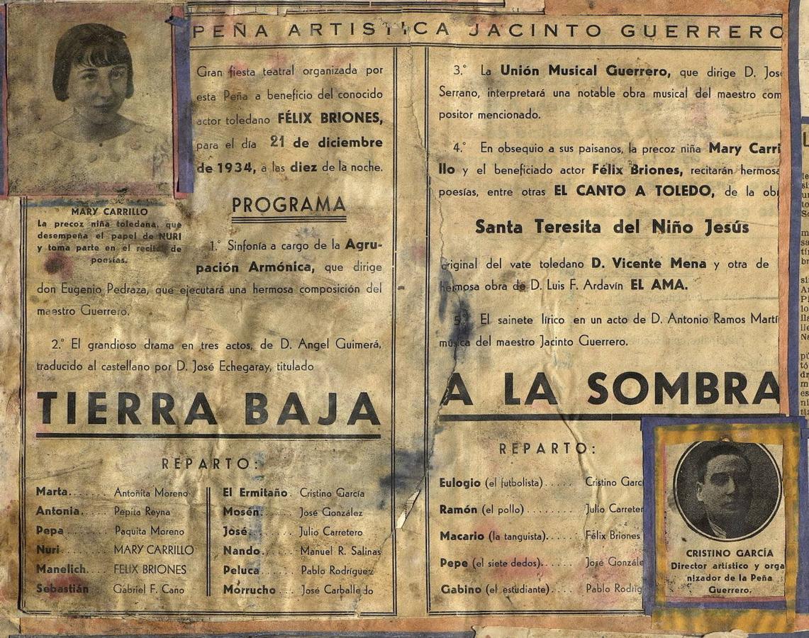 Presentación de la Peña Guerrero en el Teatro de Rojas de Toledo el 21 de diciembre de 1934. Entre los actores, la niña Mary Carrillo y Cristino García que también dirigió el sainete A la sombra. Archivo Municipal de Toledo. 