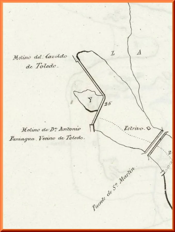 Estudio de navegación del Tajo de Francisco Xavier de Cabanes (1829). Tramo del Tajo entre el puente de San Martín y la presa de Solanilla con la gran isla allí existente. 