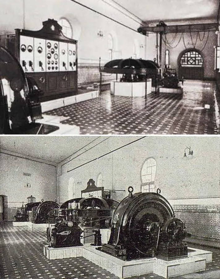 Dos imágenes de 1917 y 1918 muestran las dinamos y el y equipamiento técnico en el interior del renovado edificio neomudéjar de Azumel. Archivo Municipal de Toledo. 