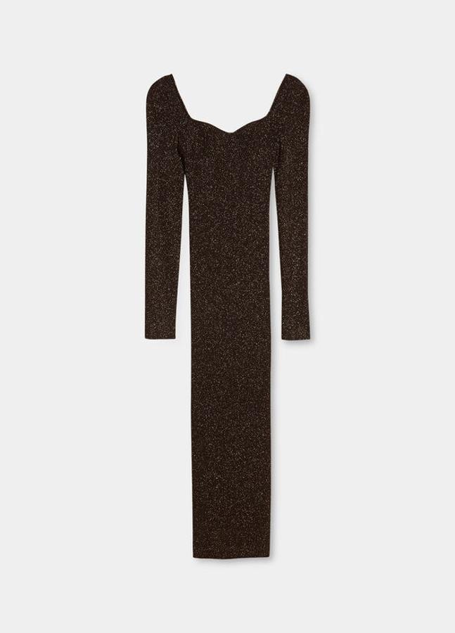 Liu Jo - Vestidos y faldas para llevar con botas. Vestido de lúrex marrón chocolate, de Liu Jo. Un diseño con escote corazón y manga larga que se ajusta sutilmente a la figura. Precio: 93,60€.