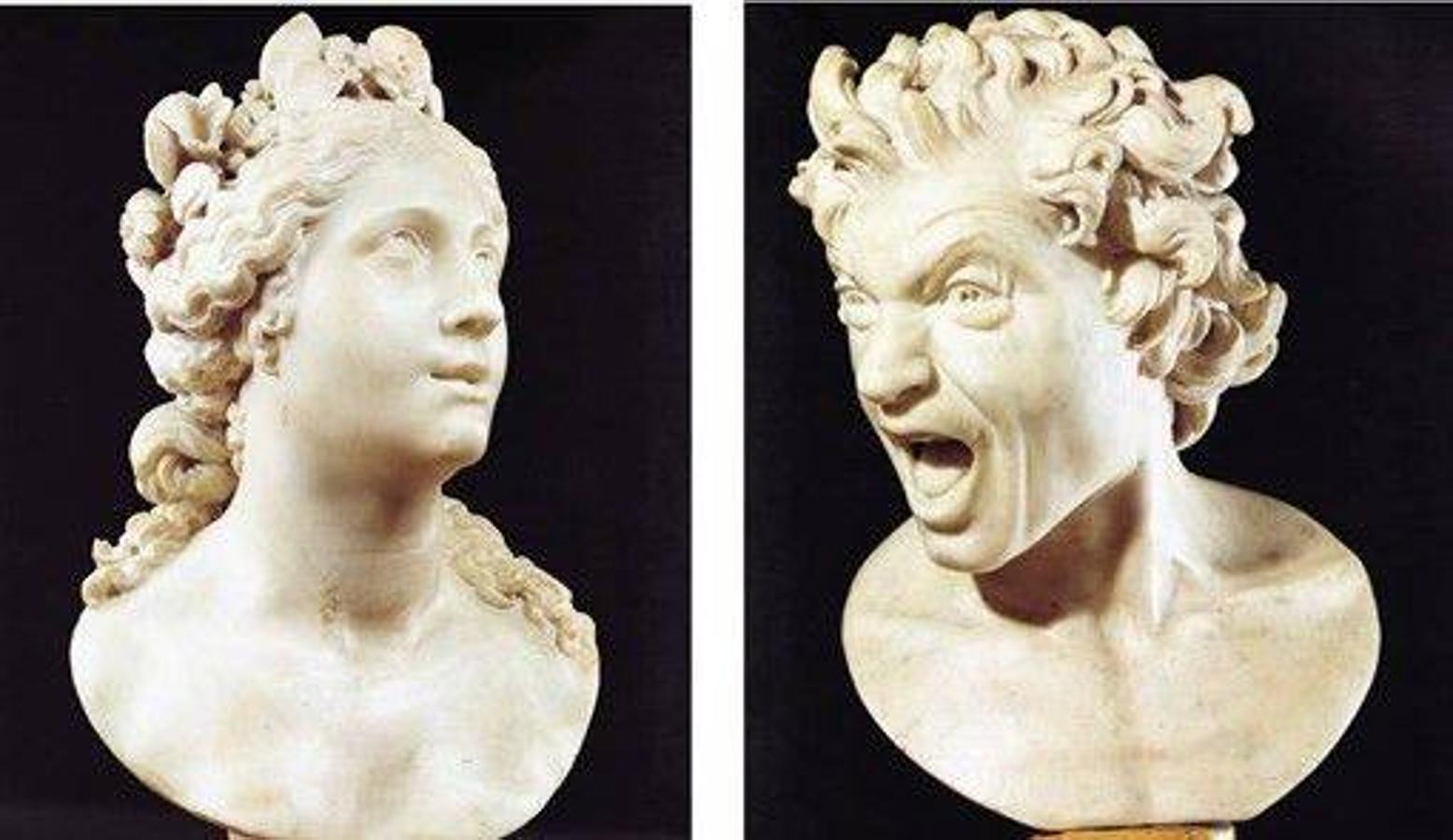 Dos bustos de Bernini, que retratan un alma salvada y otra condenada; custodiados en la embajada. 