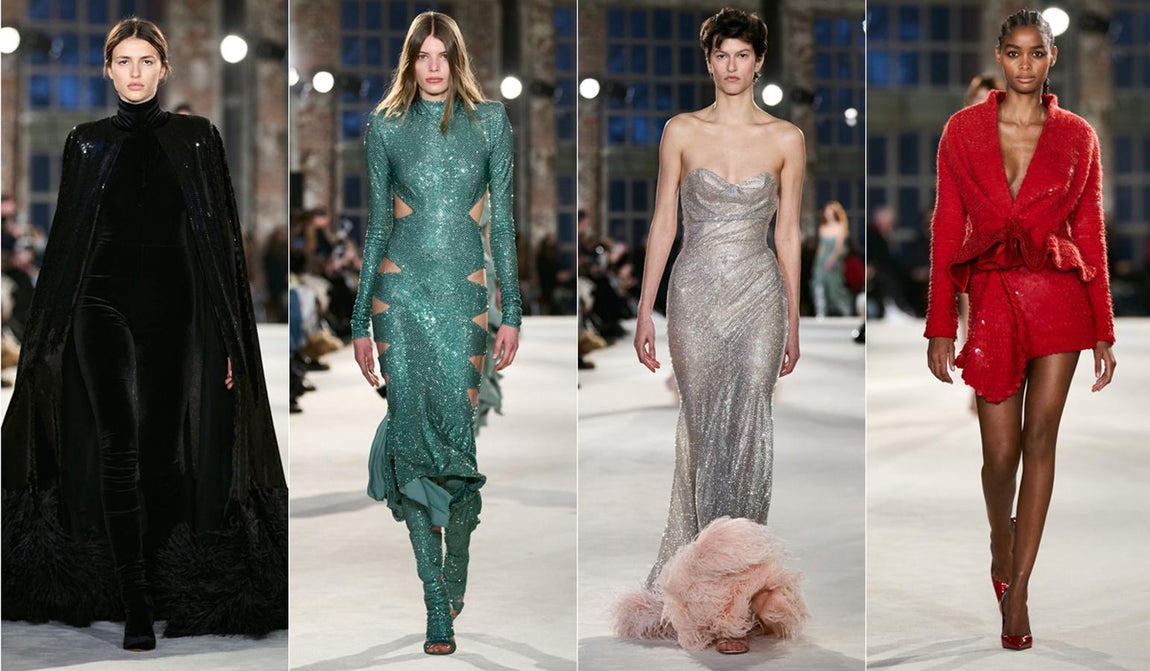 Alexandre Vauthier Alta Costura primavera/ verano 2022. El diseñador prensentó una colección en la que los brillos de los rasos y las lentejuelas setenteras deslumbrarón con un elegante aire setentero. El francés busca divertir, una lección de glamour, sofisticación y feminidad con propuestas pensadas para realzar la silueta de la mujer y demostrar que elegancia y sensualidad sí son compatibles.
