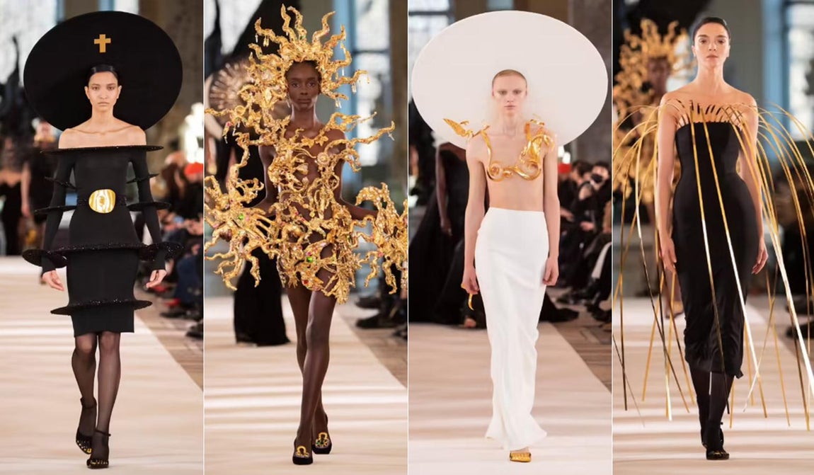 Schiaparelli Alta Costura primavera/ verano 2022. En el primer día de los desfiles de Alta Costura de primavera/verano 2022 en París, Daniel Roseberry abrió la edición en el Petit Palais con una galáctica colección para Schiaparelli. «Nuestra última colección Couture fue concebida en un breve período de esperanza: era abril. Las vacunas estaban cada vez más disponibles. Viajar se estaba convirtiendo en una posibilidad una vez más. Podríamos empezar a imaginar que nuestra pesadilla colectiva había quedado atrás, o al menos pronto lo estaría», explican desde la firma. Daniel Roseberry, director creativo, tenía claro el objetivo e esta colección basada en 3 únicas tonalidad: «Me di cuenta de que lo que se sentía emocionante en ese momento era algo diferente, algo sobrio. De repente, el color me pareció mal. También lo hizo el volumen. Todos los trucos que los diseñadores de alta costura (incluyéndome a mí) usan para comunicar la grandeza y la artesanía (grandes siluetas, gloriosos pufs de tela, gran volumen) se sentían vacíos. En cambio, quería ver si podíamos lograr el mismo tipo de dramatismo y extramundanidad sin depender de esos tropos. Todo lo que necesitábamos, me di cuenta, era negro, blanco y dorado».