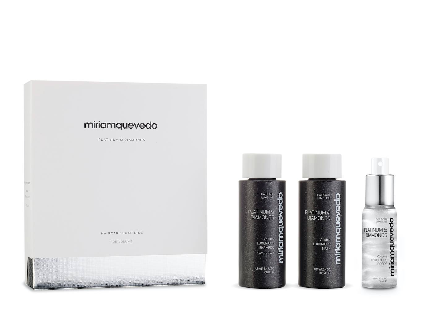 Set capilar Platinum &amp; Diamonds Global Rejuvenetion de Miriam Quevedo (45 €). Un lujoso ritual para el cabello formulado con caviar y polvo de platino y diamante para reparar el pelo dañado y aportar volumen. Este set de mini tallas está formulado para todo tipo de cabellos, y especialmente indicado para los más finos. Es seguro también para los cabellos tratados con color o queratina. Incluye champú y mascarilla de 100 ml y spray de acabado de 50 ml.