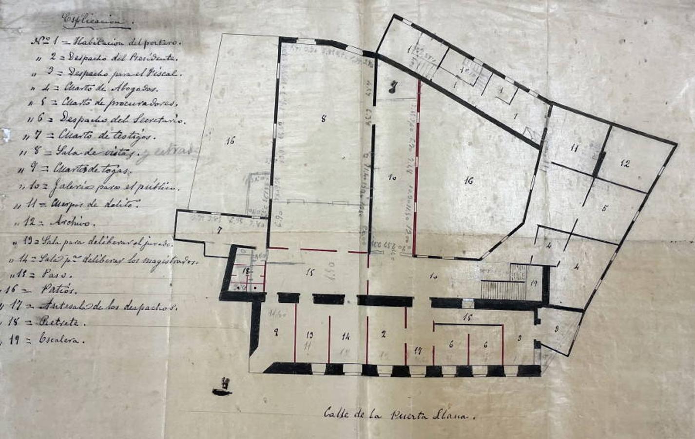Plano asociado a la reforma de la Casa del Deán con la distribución de los espacios existentes de la planta superior hacia 1886. El número 8, la estancia mayor, era la sala de vistas. Con el 16, en el centro, se indica el jardín principal. Archivo Municipal de Toledo. 