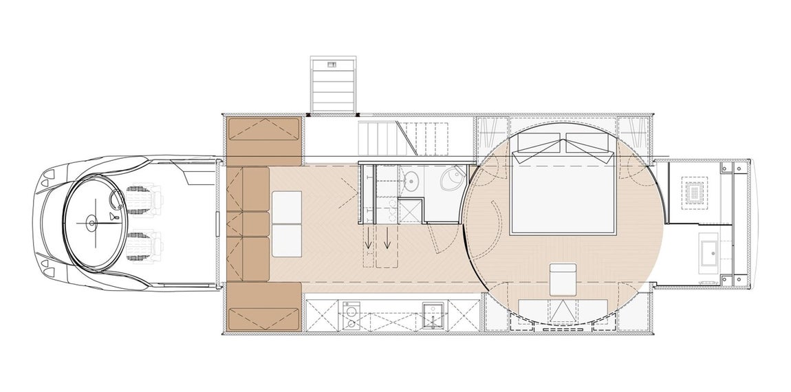 La autocaravana de lujo tan lujosa como un palacio. Como se observa en el plano, el espacio está distribuido de una forma muy eficiente, haciendo que las estancias se vean muy amplias además de contar con una gran capacidad de almacenaje.