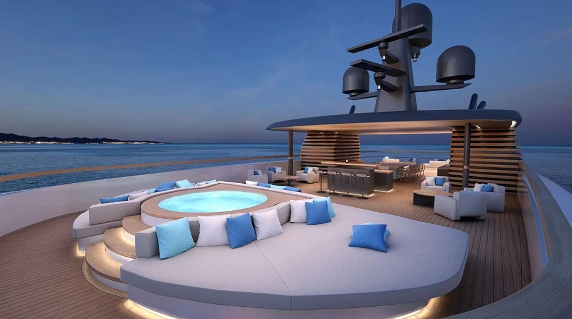 'Project 2024', el nuevo yate de 182 millones de Amancio Ortega. El club de playa continúa hacia el interior de la cubierta inferior, con una sala de estar adicional y otra terraza abatible en el lado de estribor. Cuenta además con unas alas plegables gracias a las cuáles la superficie aumenta en un 80%.