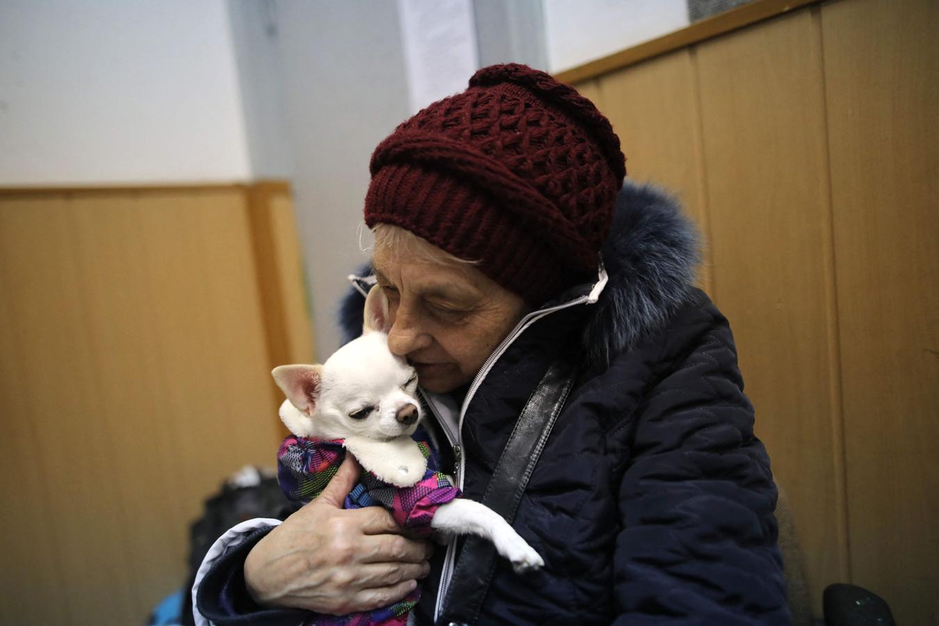 Una refugiada ucraniana judía sujeta a su perro en una sinagoga de Chisinau, Moldavia. 