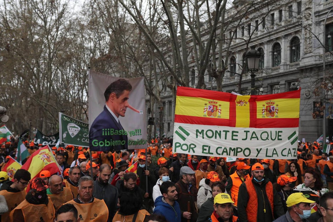 Varios manifestantes con pancartas, banderas y gorras en naranjas, durante la marcha '20M'. 