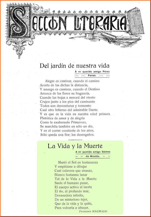 Poemas de Francisco Machado publicados en la revista El Practicante Toledano (abril de 1927) Abajo, el dedicado al periodista Gómez de Nicolás. 