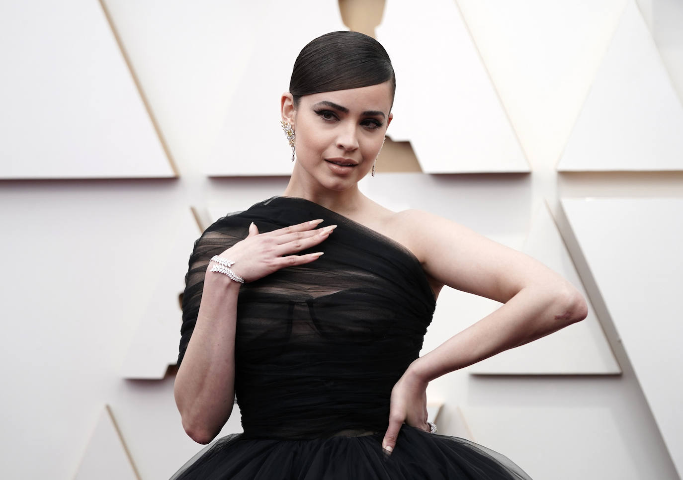 Sofia Carson ha sido otra de las protagonistas de la alfombra roja de los Premios Oscar 2022 gracias a su elegante beauty look. La actriz ha lucido un moño bajo con efecto wet y flequillo ladeado pulido. En su maquillaje destacaba el eyeliner cat eye y las pestañas (probablemente postizas). Además, ha lucido uñas stiletto en color natural.