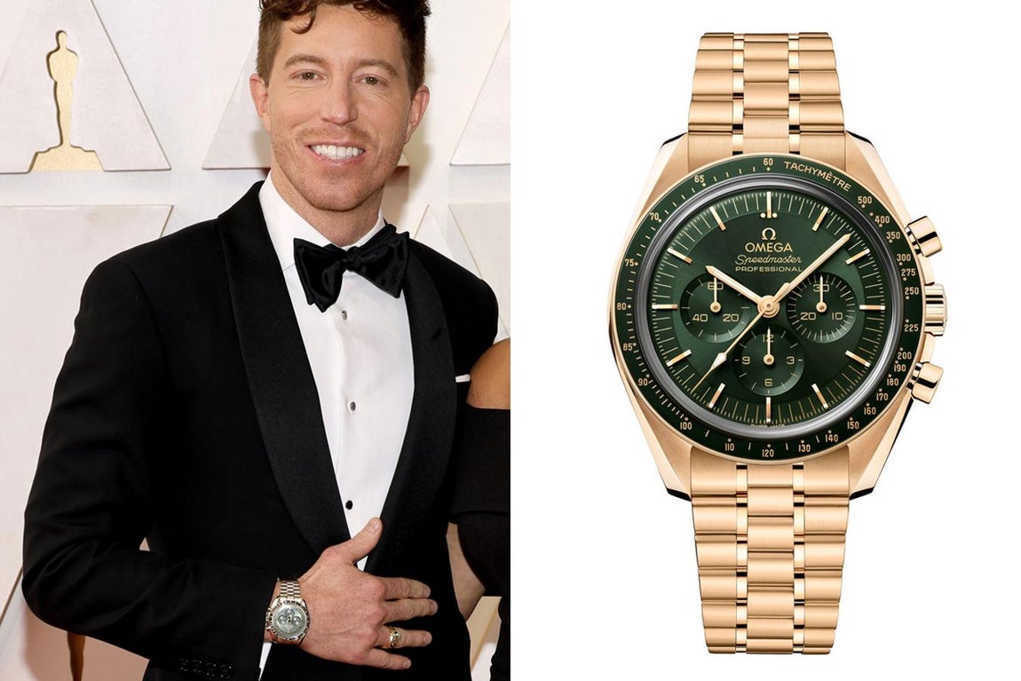 Shaun White y Omega. En esta ocasión con el llamativo Speedmaster Moonwatch, uno de los relojes más emblemáticos del mundo. El legendario cronógrafo, integrante de los seis alunizajes, encarna prodigiosamente el espíritu pionero de la marca.Con caja de 42 mm y brazalete de oro Moonshine™ de 18 quilates, está inspirado en la 4.ª generación del Speedmaster, y cuenta con una esfera "escalonada" de PVD verde con cepillado solar y agujas estilo "Moonwatch". Su precio actual de venta es de 36.800 euros