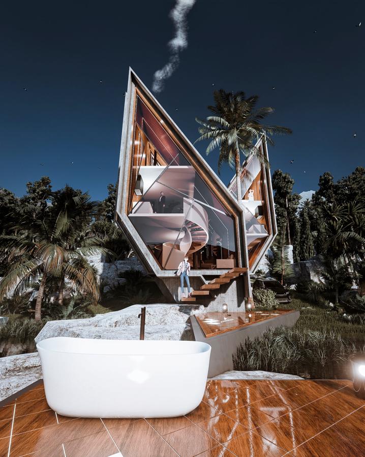 Así es 'Broken Diamond House'. Tanto en el exterior como el interior, los materiales que supongan un reflejo de la naturaleza y que se fusionen con ella se hacen con todo el protaonismo. Piedra y madera en los detalles principales mientras que en las paredes el cristal consigue que los espacios se vean mucho más amplios y luminosos.