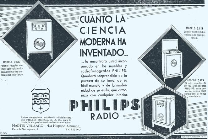 Receptores y «lujosos muebles» con radiofonógrafos. Anuncio del comerciante Martín Velasco, representante oficial de la marca, en la plaza de San Agustín, 7 de Toledo. El Castellano (9-12-1931). 