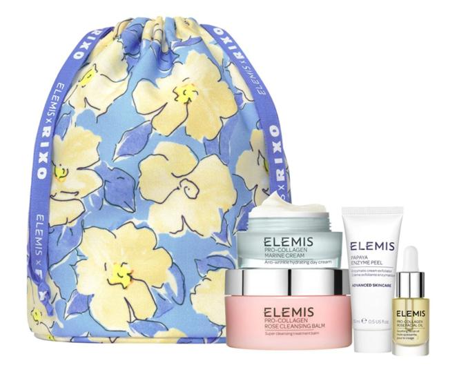 Estuche Elemis x Rixo: 62,90 €, en El Corte Inglés (antes 74 €).. La exclusiva bolsa Rixo contiene el bálsamo limpiador de rosa Pro-Collagen, el peeling facial Papaya Enzima, la crema Pro-Collagen y el aceite facial de rosa Pro-Collagen, todo de la firma británica Elemis.