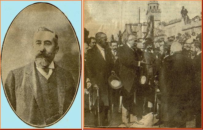 Retrato de Antonio Conrado y Contesti y su presencia, el 25 de octubre de 1908, en la inauguración del puente de hierro de Talavera. (Fotografía de Cifuentes, ABC, 27-10-1908). Archivo Municipal de Toledo. 