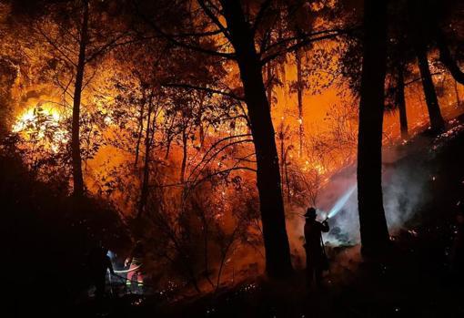 Los soldados de la UME luchan contra el fuego en Sierra Bermeja