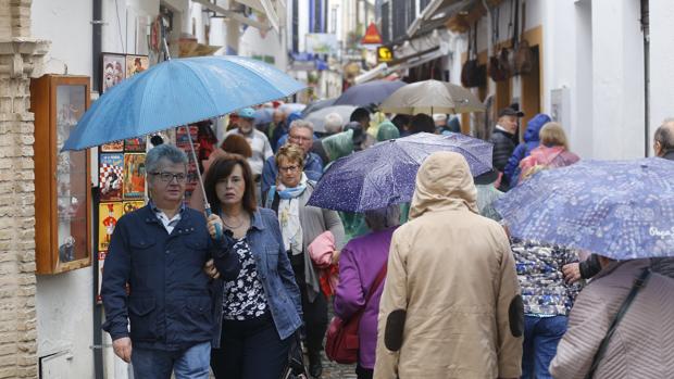 Turistas en el casco histórico de Córdoba, bajo la lluvia