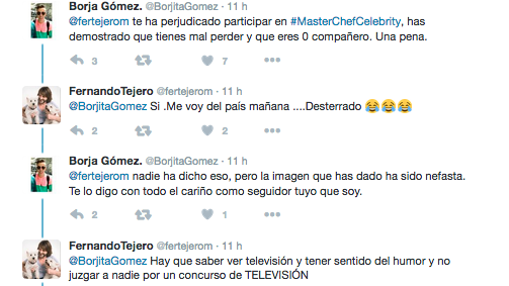 Captura del enfrentamiento en Twitter del actor y un seguidor por «Master Chef Celebrity»