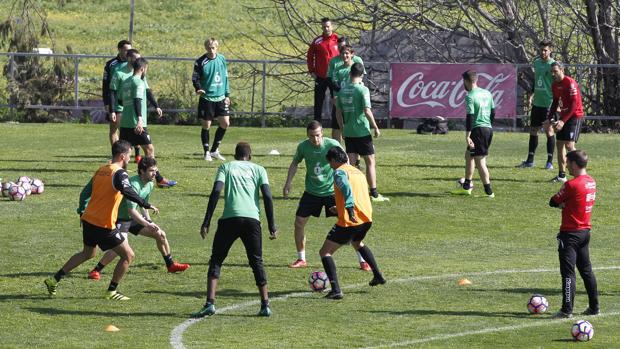 La plantilla del Córdoba CF, durante el entrenamiento en la Ciudad Deportiva