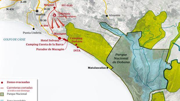 Mapa del incendio en Moguer, en el entorno del Parque Nacional de Doñana