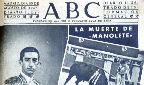 Portada de ABC tras la cogida mortal de Manolete en Linares