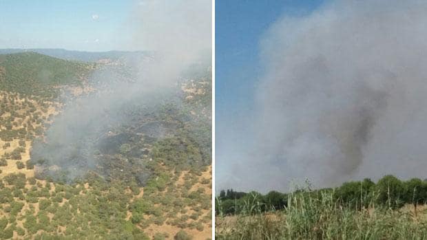 Las columnas de humo de los incendios forestales en parajes de Aroche y Bonares, en Huelva