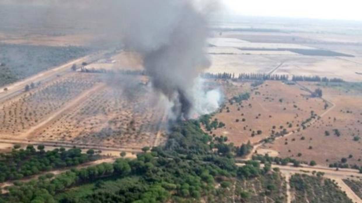 Vista aérea del incendio en el paraje de «Los Mimbrales» Almonte