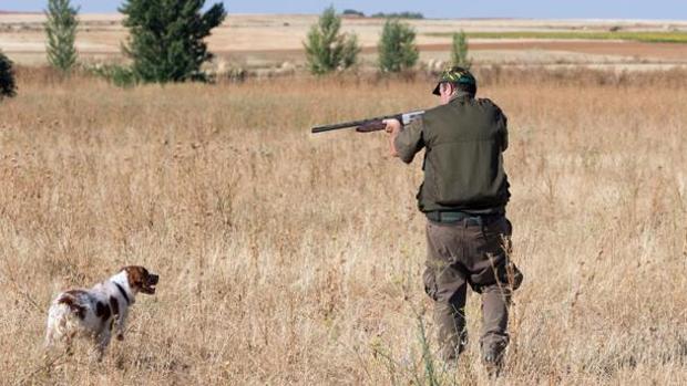 Un cazador, acompañado de su perro, cazando