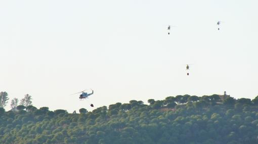 Helicópteros del Infoca trabajando sobre el paraje de la Siererzuela