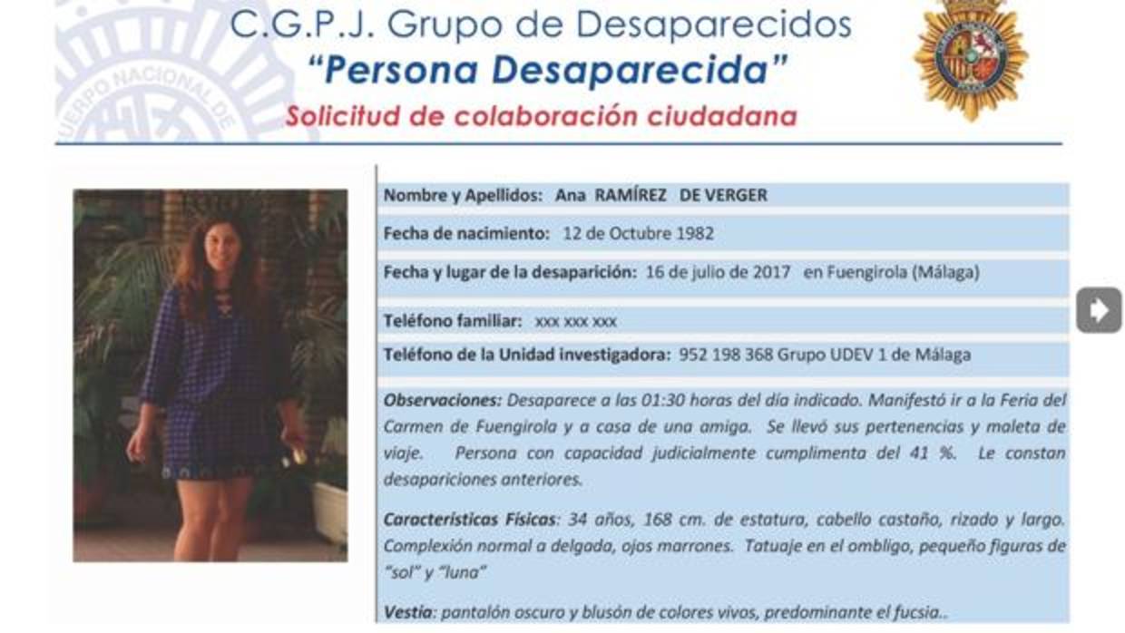 Anuncio en la web del Cuerpo Nacional de Policía con los datos de la joven