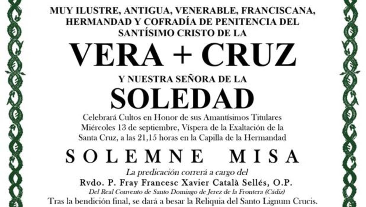 La hermandad de la Vera-Cruz adelanta sus solemnes cultos de Regla