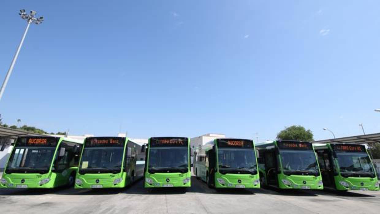 Autobuses de Aucorsa aparacados en las cocheras de la entidad pública