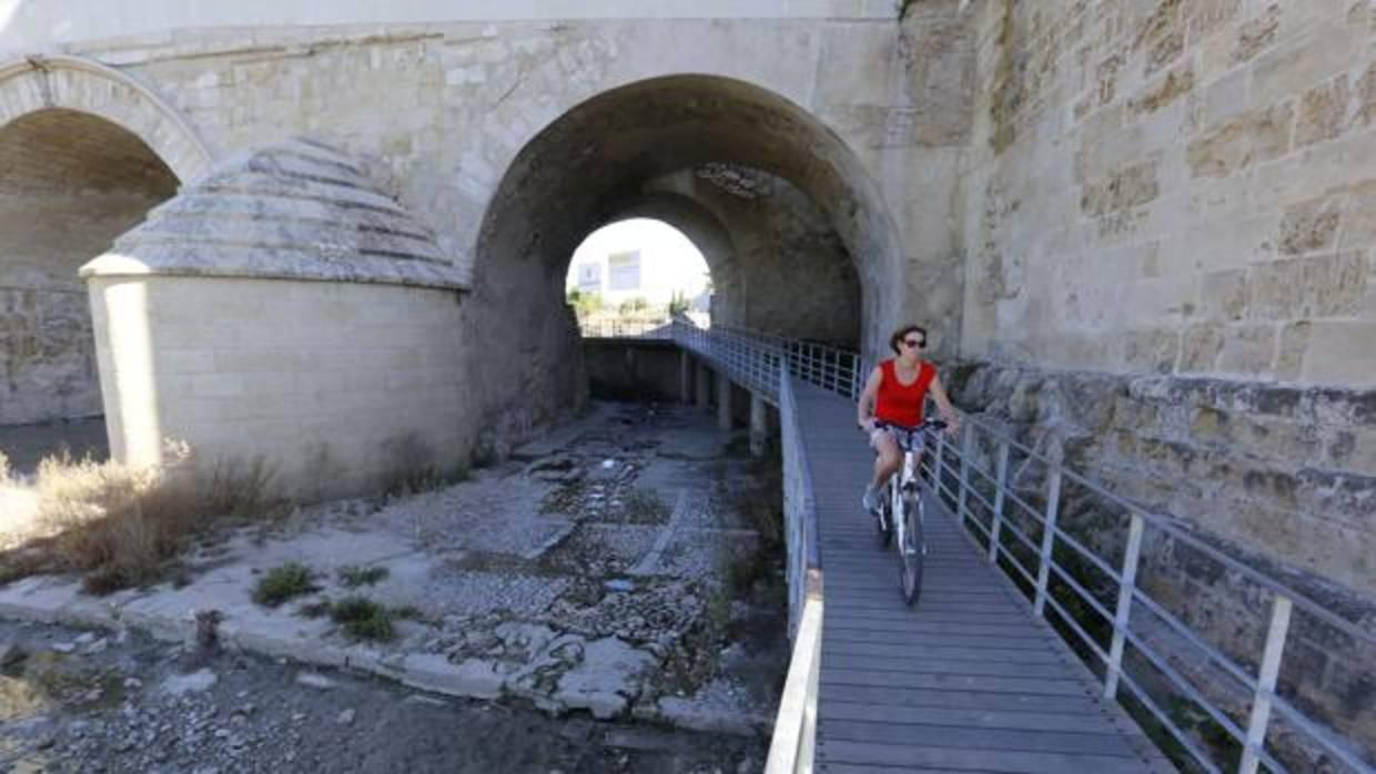 Una ciclista pasa bajo el Puente Romano de Córdoba, ayer