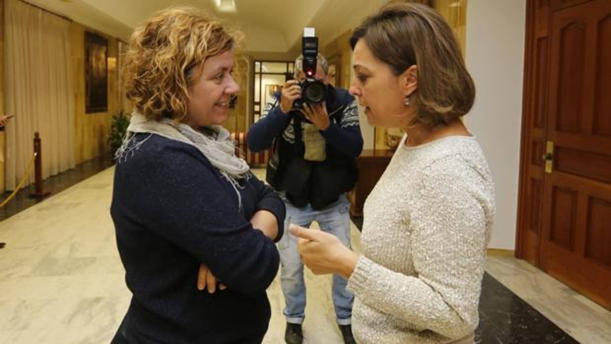 La alcaldesa conversa con la edil de Hacienda, Alba Doblas (IU), a la izquierda de la imagen