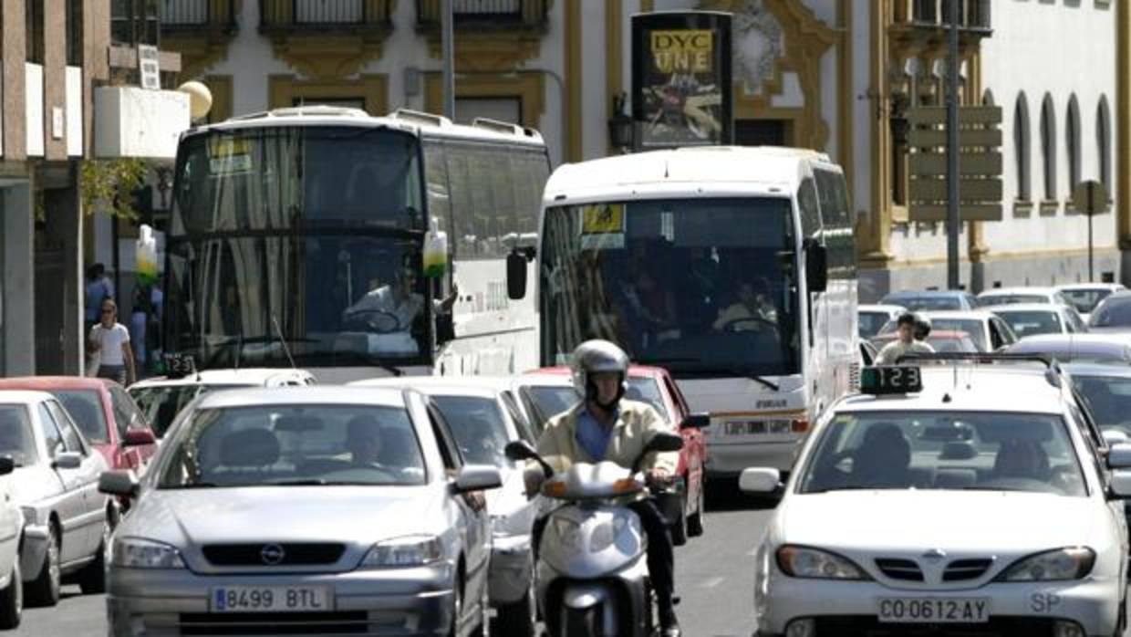 Dos autocares de transporte escolar en el Centro de Córdoba