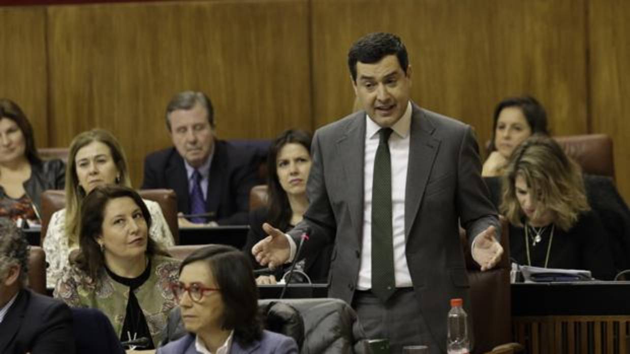 El presidente del PP andaluz, Juanma Moreno , durante su intervención en el Parlamento andaluz