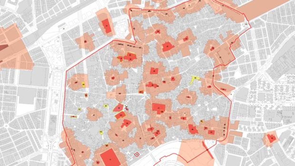 Mapa de las zonas ubicadas en torno a los BIC en color salmón claro