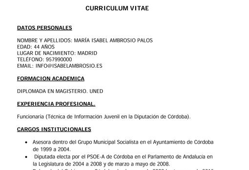 Currículum que figuraba hasta el lunes 16 de abril en la web del PSOE, donde figura que Isabel Ambrosijo es diplomada en Magisterio por la UNED