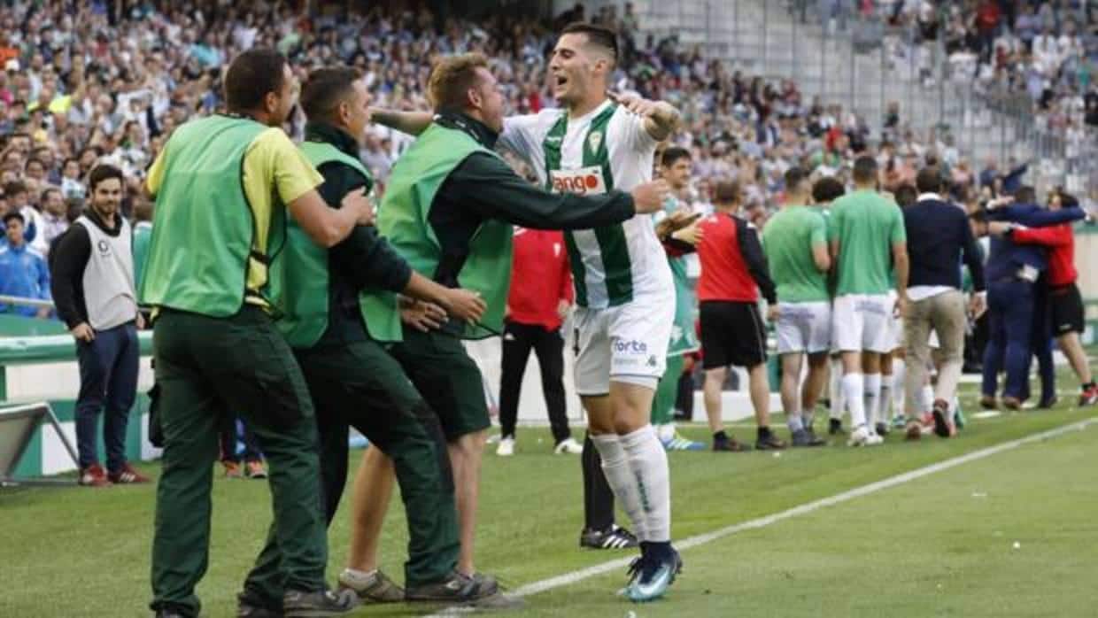 Sergi Guardiola celebra en la banda uno de los goles del Córdoba CF ante la UD Almería