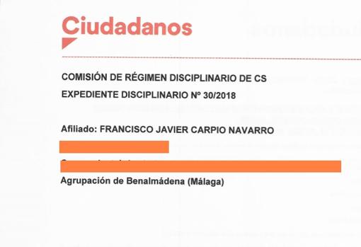 Encabezado del expediente sancionador incoado por Ciudadanos.