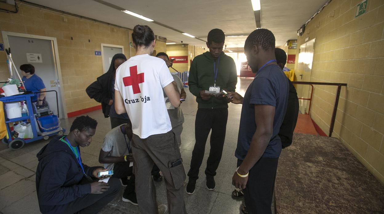 Voluntarios de Cruz Roja atienden a los inmigrante en el pabellón Vista Alegre de Córdoba