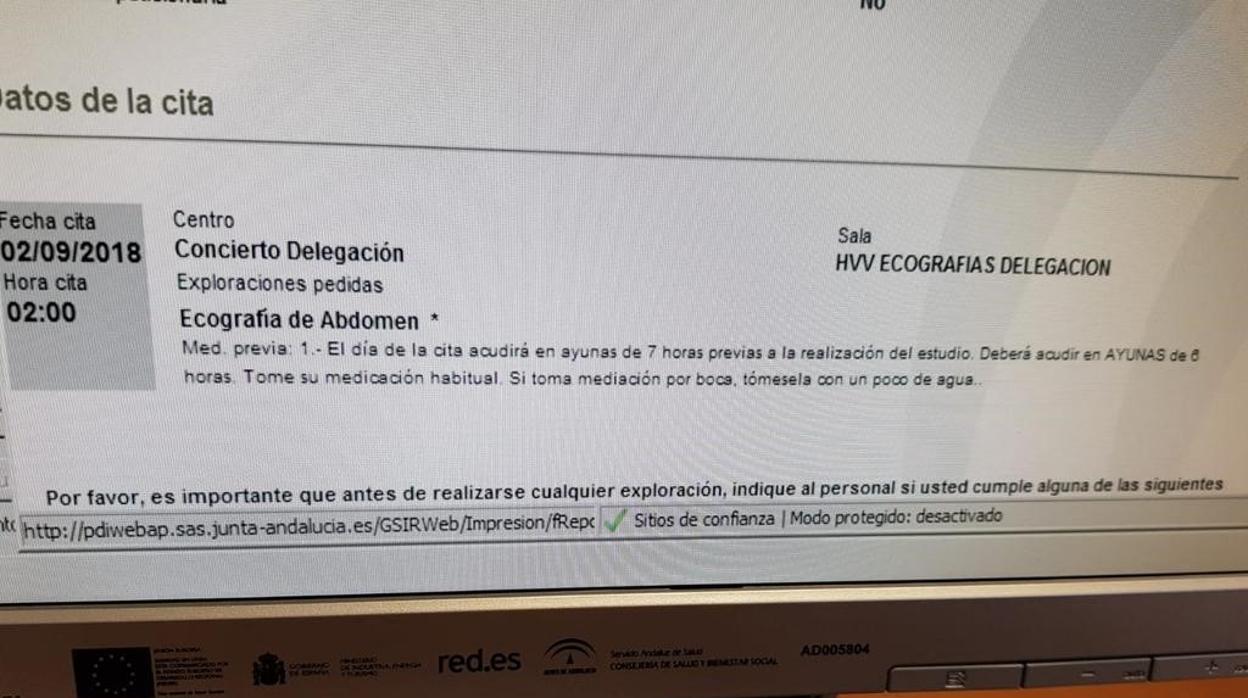 Cita para ecografía abdominal a las dos de la madrugada en un centro concertado de Málaga