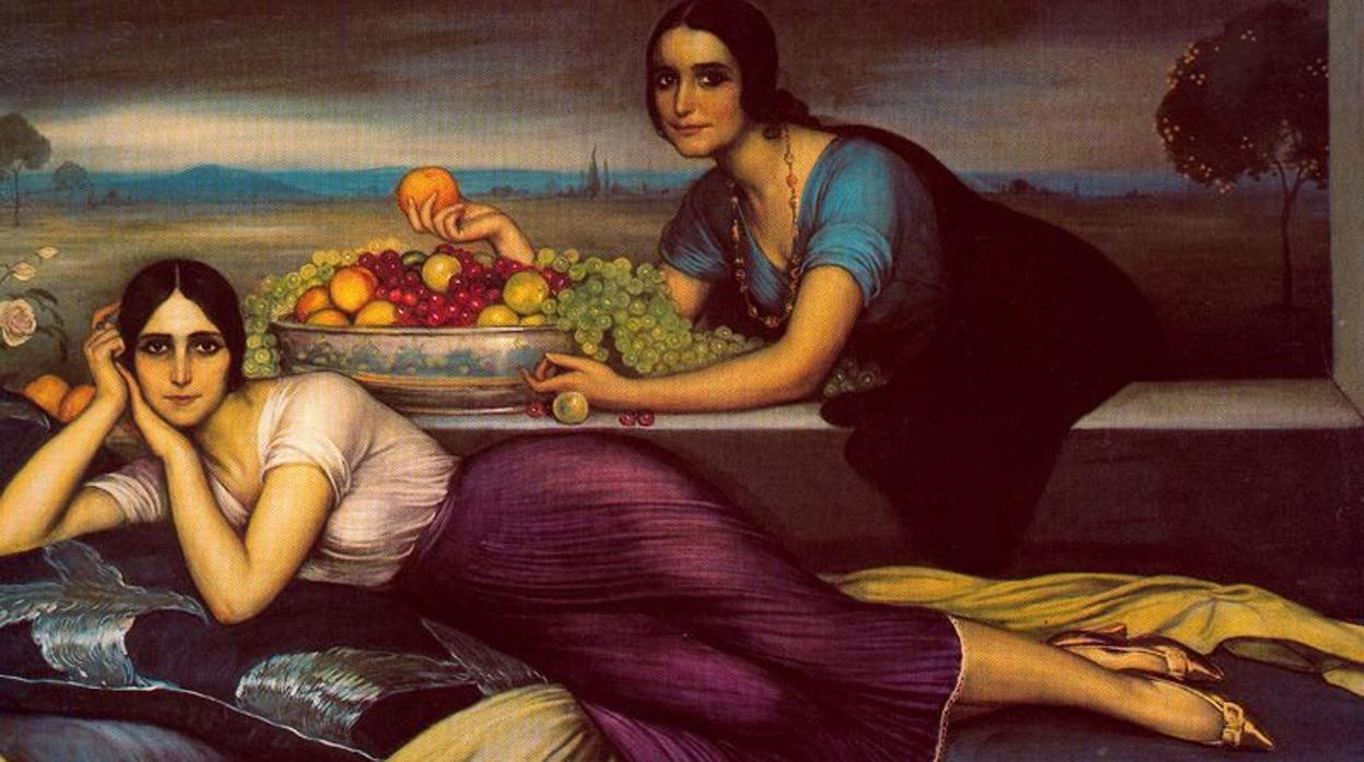 «La primavera: dos jóvenes con bodegón de frutas sobre paisaje cordobés», de Julio Romero de Torres