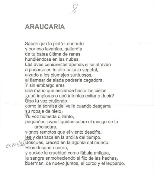 Borrador del poema «Aucaria», mecanografiado por su sobrino-nieto y con anotaciones del propio Pablo García Baena