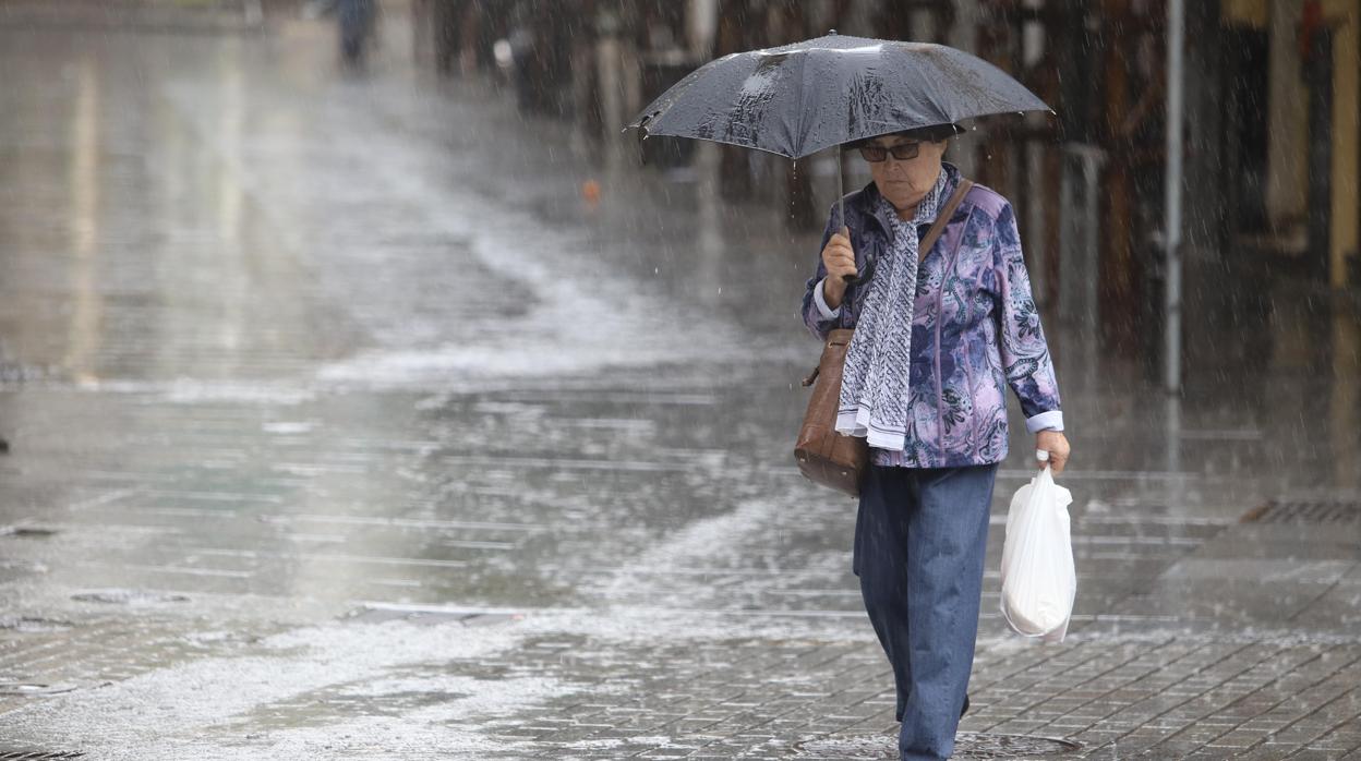 Una mujer camina por la calle bajo la lluvia en Córdoba