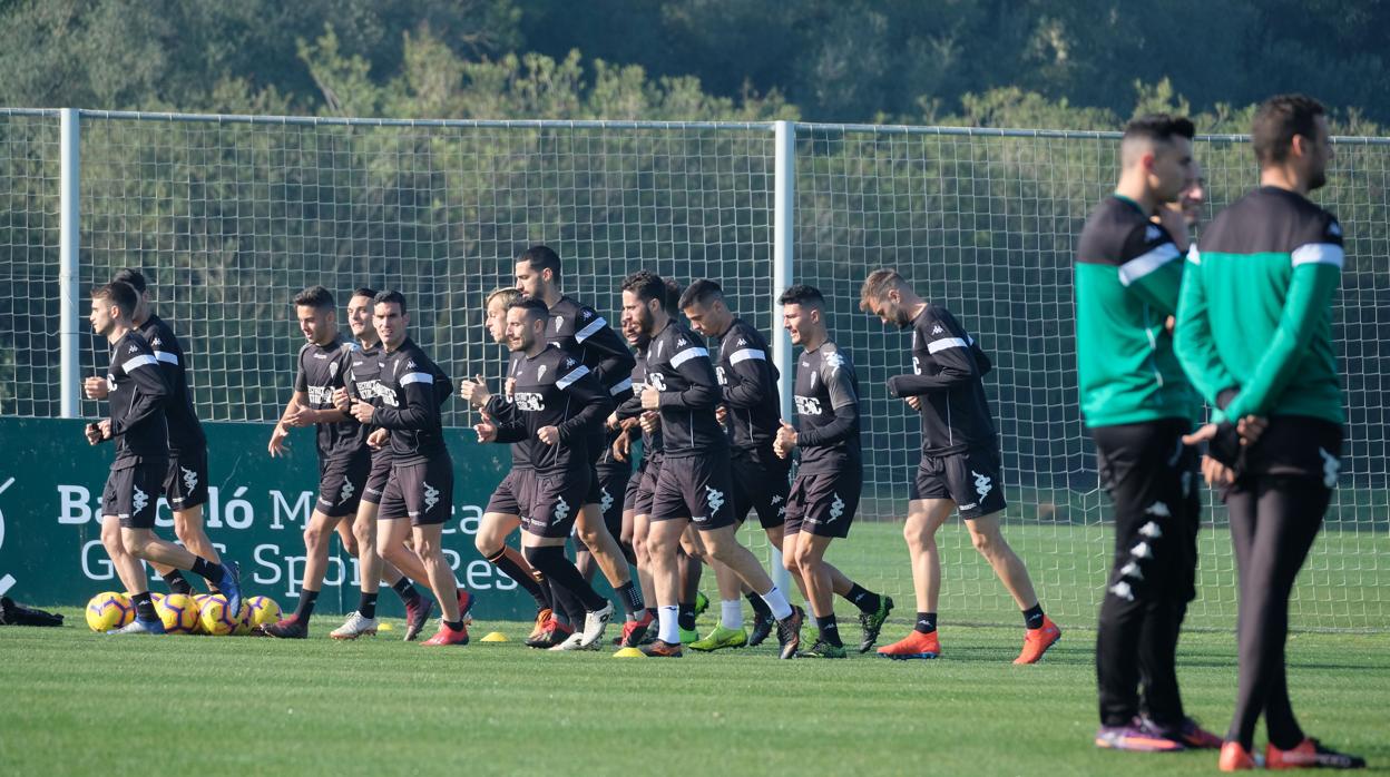 La plantilla del Córdoba CF, el jueves, durante el último entrenamiento en Montecastillo