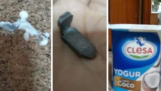 Encuentra un trozo de una pieza de metal en un yogur